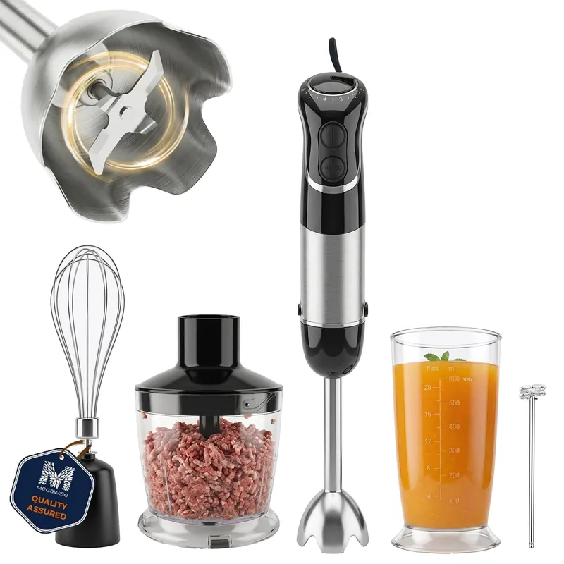 Megawise HB-2035 5-in-1 Immersion Hand Blender, 1000W Ultra-Powerful Stick Blender with Variable Speed & Turbo, Stainless Steel Shaft, Includes Whisk, Frother, Chopper Bowl & 600ml Beaker