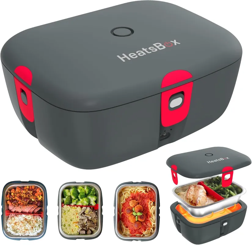 HeatsBox Go Cordless Electric Lunch Box 100W Rechargeable Self Heating Container App Control 3.9 cups Battery Operated Food Warmer for Adults Car, Truck, Office, Travel 5V,12V,24V,110V