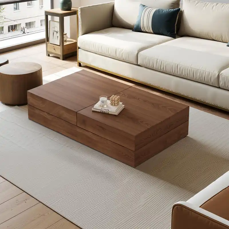 Pajiasen Mid-Century Modern Farmhouse 47.2-81.8" Expandable Coffee Table，Adjustable Center Table with Large Storage for Living Room, Walnut