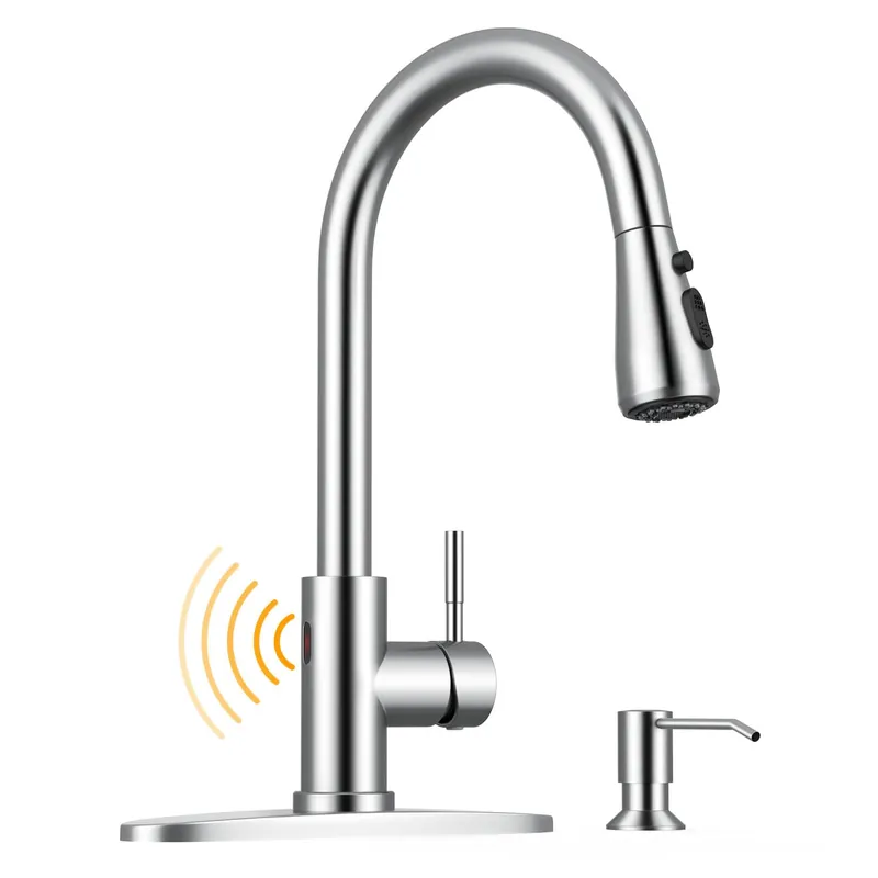 WEWE Touchless Kitchen Sink Faucet with Soap Dispenser, Single Handle Kitchen Faucets with Pull Down Sprayer Smart Motion Sensor Stainless Steel, Brushed Nickel