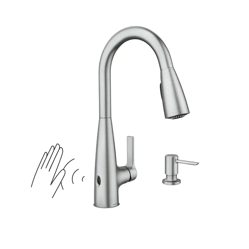 Moen Haelyn Spot Resist Stainless Touchless Single-Handle Pulldown Sprayer Kitchen Faucet with Soap Dispenser, Features Power Clean for a Faster Wash, 87627EWSRS