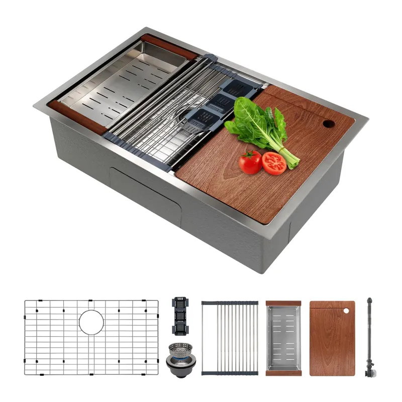 SANYCASA 30 Inch Undermount Kitchen Sink Superior Drain Kitchen Sinks 11 Gauge (3mm) Stainless Steel, Single Bowl Integrated Ledge Multifunctional Workstation Set -
