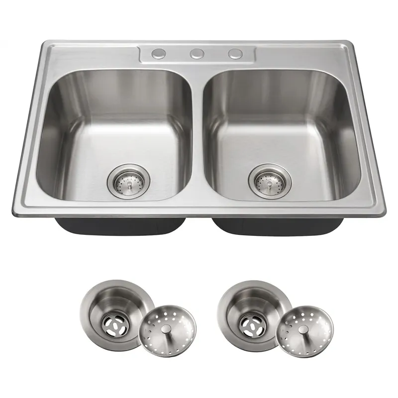 Kitsitchen 33x22 Drop in Kitchen Sink, 33 Inch 304S Stainless Steel Double Bowl Kitchen Sinks with 50/50 Design and Two Strainer, 33" X 22"X 9" Large and Deep Top Mount Kitchen Sinks with 3 holes