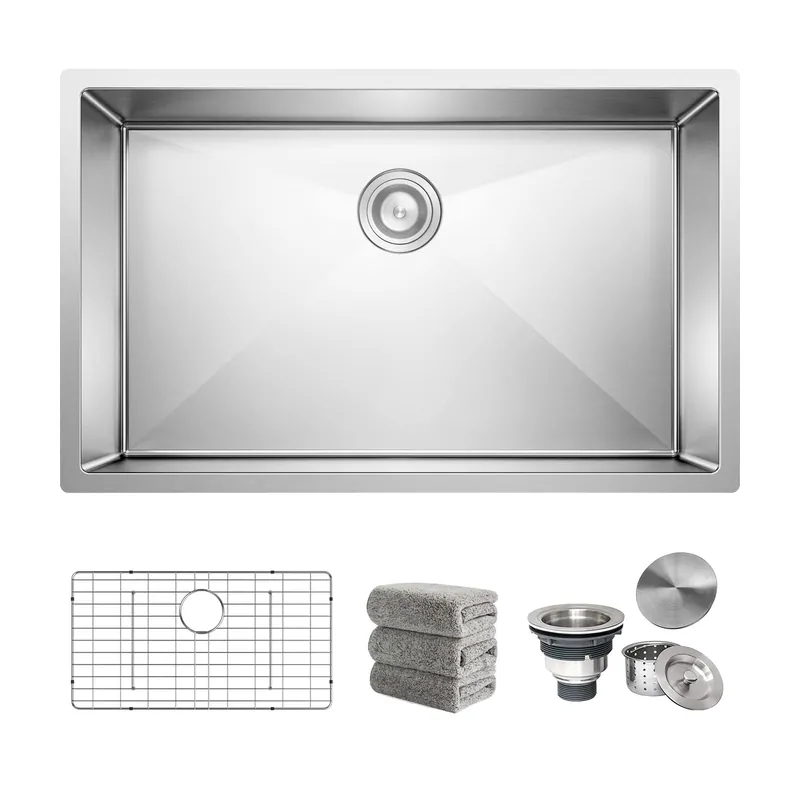 Kitchen Sink 30x18 Inch Undermount Sink Stainless Steel 16 Gauge Single Bowl Kitchen Sinks Set (5 Item Bundle Sink, Bottom Grid, Drain Assembly, Drain Cap, Towel)