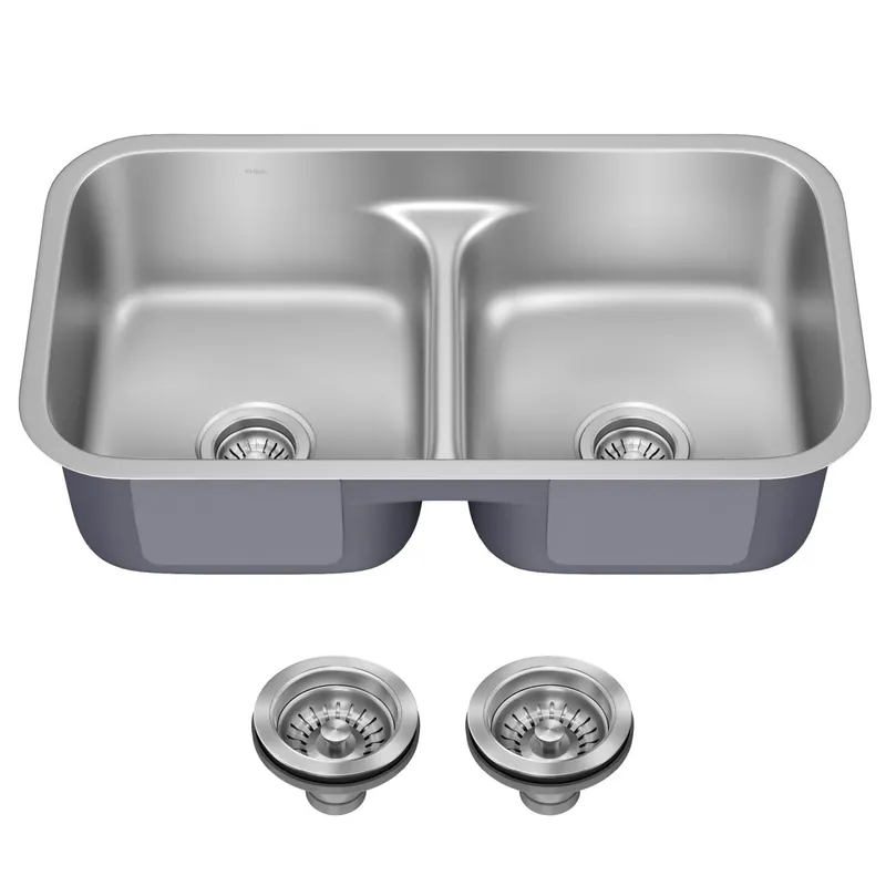 KRAUS Premier 32-inch Undermount 50/50 Double Bowl Low Divider 18-Gauge Stainless Steel Kitchen Sink with Strainers (x2), KBU32