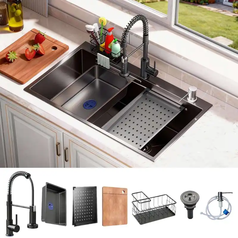 30x18 Black Drop-in Kitchen Sink Deep Single Bowl Stainless Steel Workstation with Faucet & Accessories Combo for Family Kitchen—Scratch Resistant & Noise Reducing