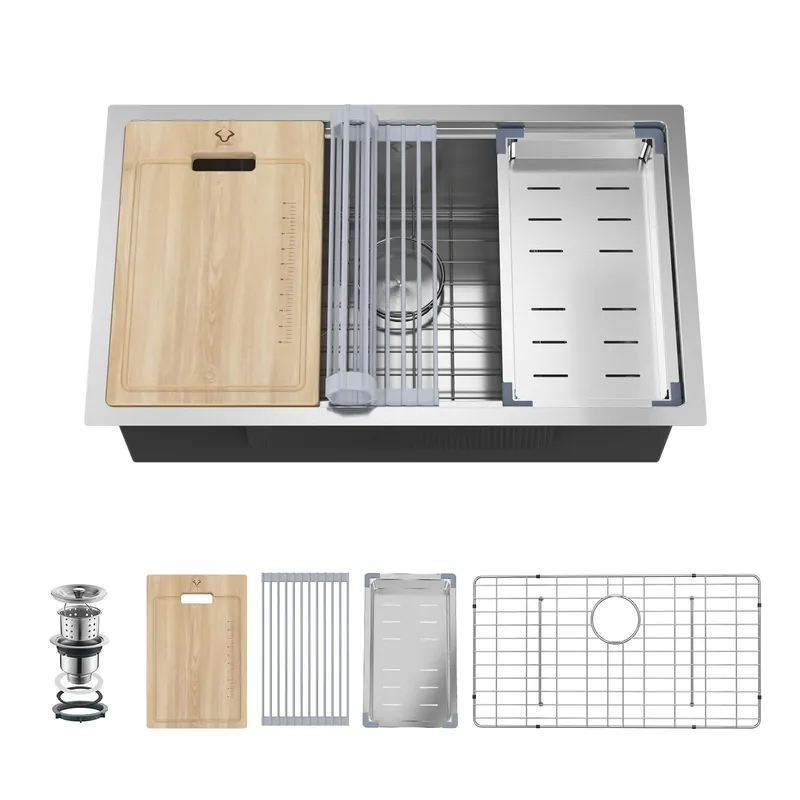 30 Inch Undermount Kitchen Sink 16 Gauge Stainless Steel Ledge Workstation Sink Round Corners Deep Single Bowl Kitchen Sinks with Accessories 30"x19"x10"