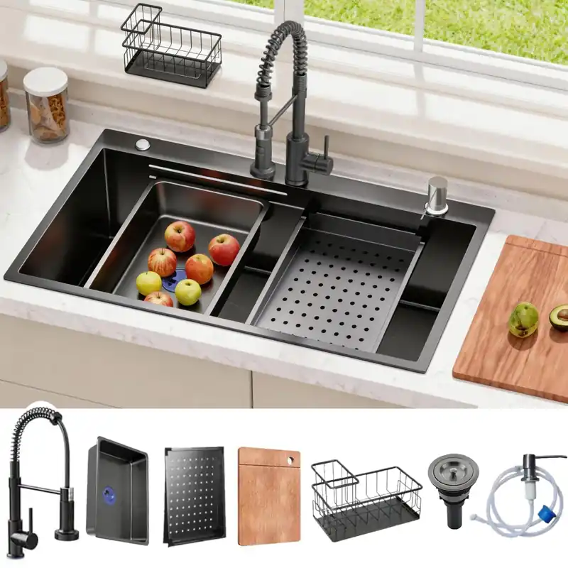 30x18 Drop in Kitchen Sink with Faucet & Accessories, Black Stainless Steel Workstation Sink, 16 Gauge Single Bowl Top Mount, Deep Bowl Design, Modern Kitchen & Commercial Use