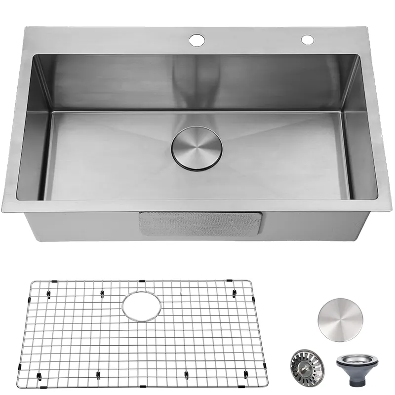 VESLA HOME 30 inch Drop in Kitchen Sink, Topmount Single Bowl 304 Stainless Steel Handmade Satin Finish Kitchen Sinks with Dish Grid and Strainer