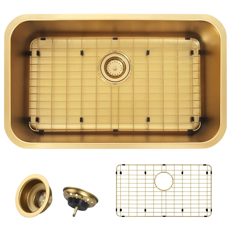 MONSINTA Gold Kitchen Sink 30 Inch, SUS304 Stainless Steel Undemount Kitchen Sinks, 30" x 18" x 9" Large and Deep Single Bowl Kitchen Sinks With Grid and Sink Drain Assembly