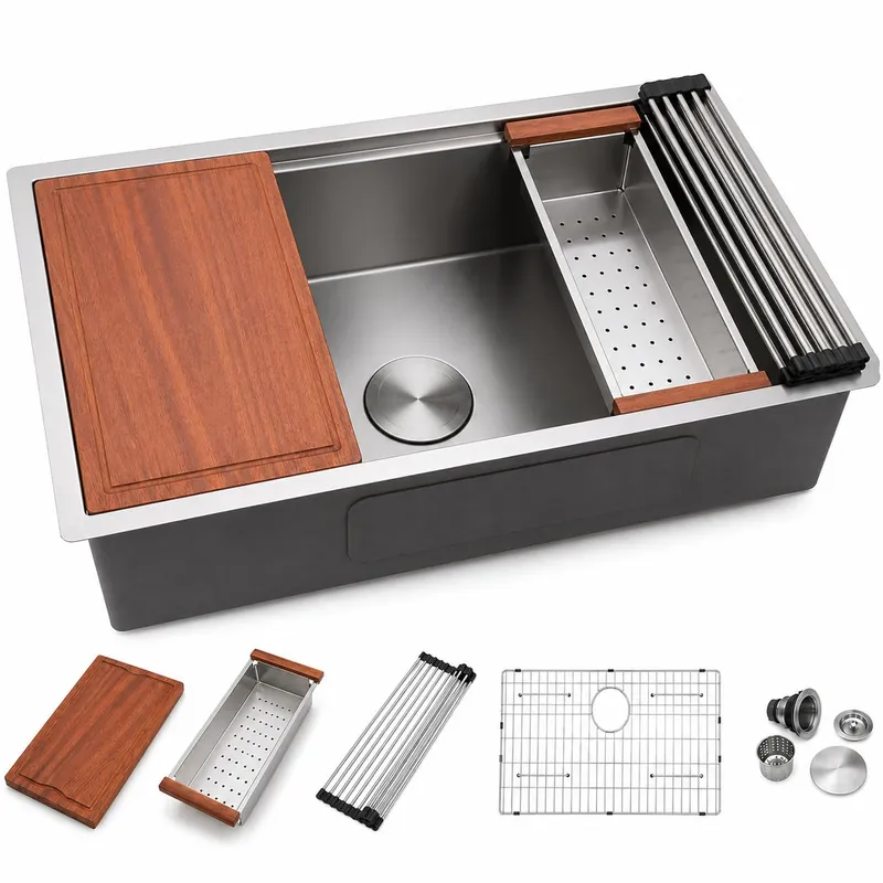 Dcolora 33 in. Undermount Workstation Kitchen Sink, 16 Gauge 304 Stainless Steel Handmade Welding Single Bowl Sink with Accessories, Round Corner 33"x19"x10" DC-U7701