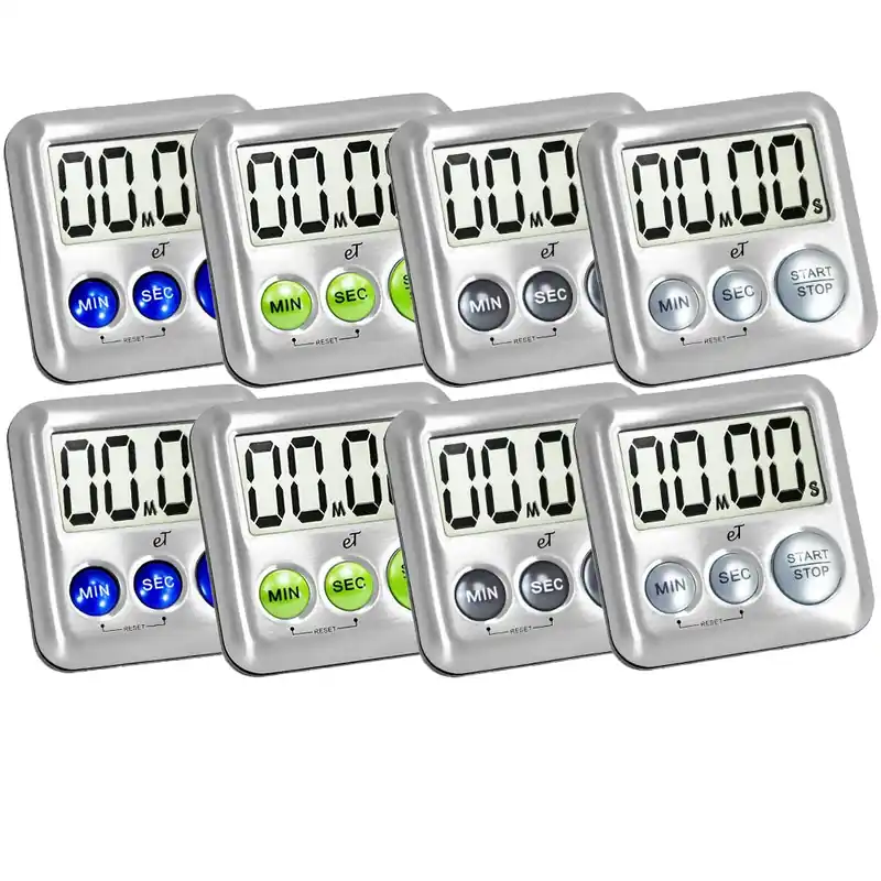Elegant Digital Kitchen Timer Stainless Steel - Variety 8 Pack - Strong Magnet - Loud Alarm - Large Display - Auto Memory - Auto Shut-Off - (2 Each Silver, Lime, Plumberry, Charcoal 8-Pack)