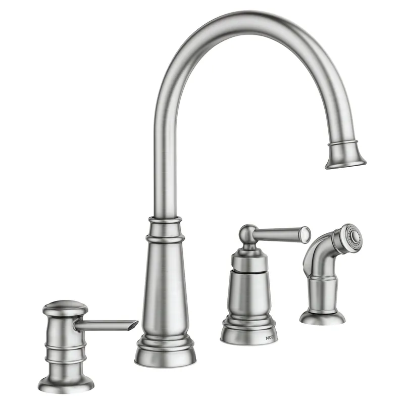 Moen Edison Spot Resist Stainless One-Handle High Arc 4-hole Kitchen Faucet with Side Sprayer and Soap Dispenser, 87042SRS