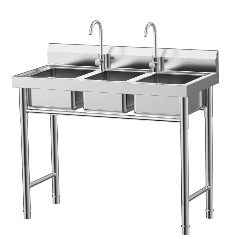 Subiudzzh 3 Compartment Stainless Steel Sink, Commercial with 2 Faucets Freestanding Restaurant Sink for Manually Cleaning food, Bowls 39 x 18 x 35.8 Inch Loading 441 Lbs Silver