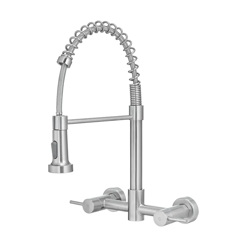 AIMADI Wall Mount Kitchen Faucets, 8-Inch Center Wall Mount Kitchen Sink Faucet with Pull-Down Sprayer,Modern Stainless Steel Design Double Lever Control