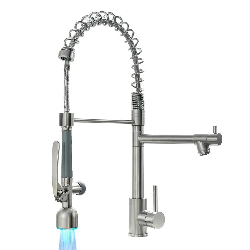 Fapully Commercial Single Handle Pull Down Sprayer Brushed Nickel Kitchen Faucet, Kitchen Sink Faucet with LED Light