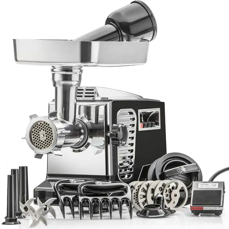 STX International Turboforce II 4000 Electric Meat Grinder Grinds Soft Bones Foot Pedal 6 Grinding Plates Stainless Steel Blades Sausage Tubes Kubbe Maker Meat Claws Patty Press & More