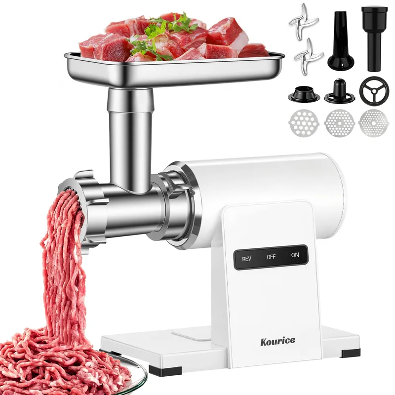 Kourice Electric Meat Grinder for Home Use, 2800W Peak Power, Heavy Duty Metal Body with Auto-Reverse, 2 Blades & 3 Grinding Plates, Sausage Stuffer & Kibbeh Kit, Easy Clean, White