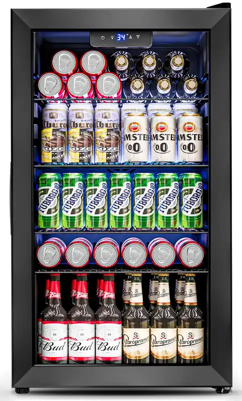 Feelfunn 3.2 Cu.Ft Mini Fridge with Glass Door - 126 Can Beverage Refrigerator Cooler for Drink Beer Wine Soda, Small Fridge for Bedroom Office Bar Dorm, 4 Adjustable Shelves, Black