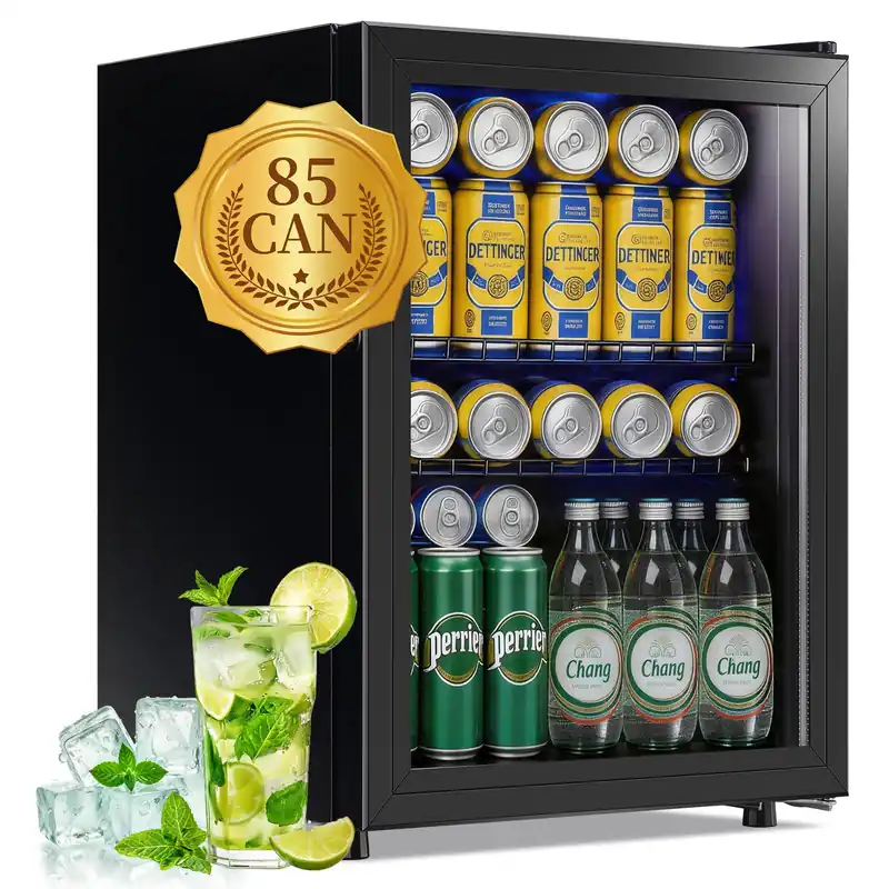 WANAI Beverage Refrigerator Cooler 2.6 Cu.Ft, 85 Can Mini Small Fridge with Glass Door LED Light and Adjustable Shelves for Soda Beer or Wine, Perfect for Home Bar Office, Black