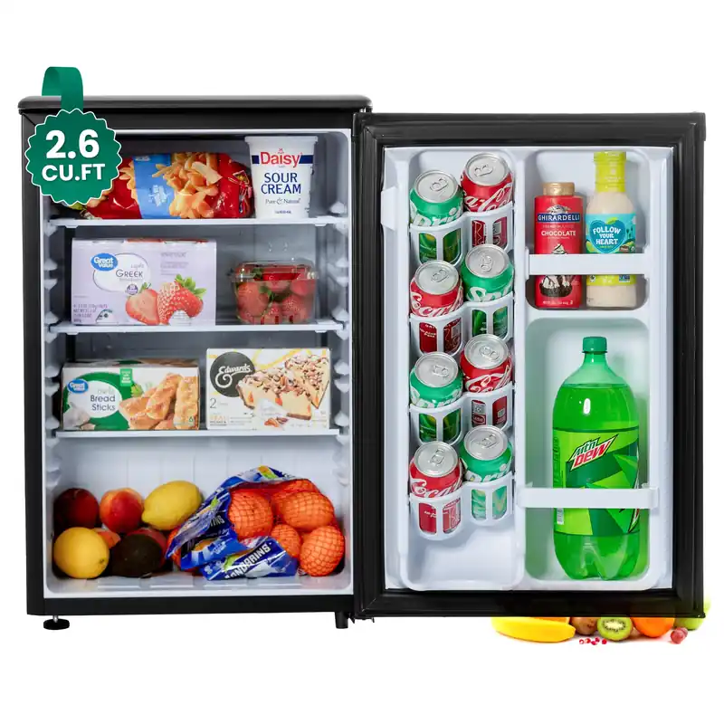 roomwell E-Star 2.6 Cu Ft Mini Fridge without Freezer - Black Mini Fridge AUTO DEFROST, Reversible Single Door, Glass Shelf Refrigerator - A Space-Saving Marvel for Your Bedroom, Dorm, and Office