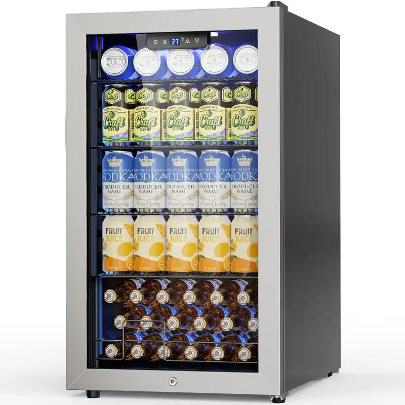 Velivi Mini Beverage Refrigerator 3.2 Cu. Ft Small Fridge 126 Can Lockable Drink Cooler with Glass Door, Safety Lock, For Beer Soda, Silver