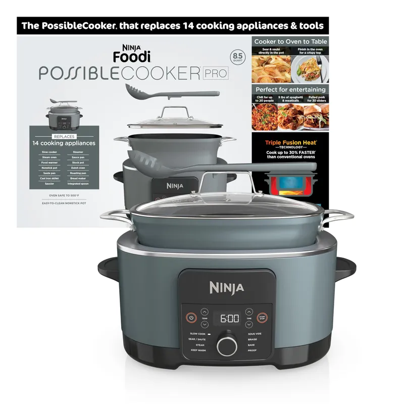 Ninja® 14-in-1 PossibleCooker™ PRO 8.5qt, Sous Vide, Proof, Bake, & Steam Multicooker Slow Cooker, Dutch Oven Glass Lid & Integrated Spoon Nonstick, Oven Safe Pot 500°F Sea Salt Gray MC1001