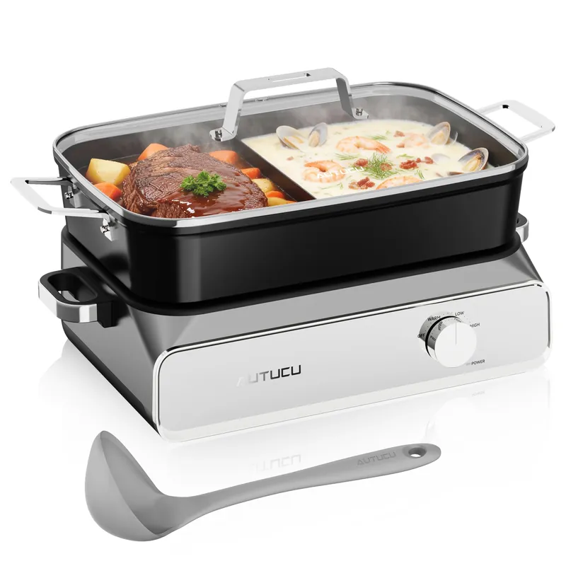 Slow Cooker 10 Quarts (2 x 5 Quarts) PFOA-Free Ceramic Coating Adjustable Temp Oven Safe to 450°F Keep Warm Function for Large Family Gatherings (Includes Silicone Spoon)