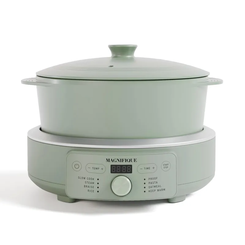 MAGNIFIQUE Slow Cooker, 4.5 Quart 8-in-1 Clay Pot Multi-Cooker, Non-Toxic Slow Cooker with Removable Clay Pot, for Rice, Pasta, Steam & Proof, Nonstick, Oven Safe Pot to 500°F, Olive