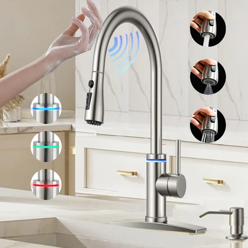 VIDEC Touch On Kitchen Faucet, 3 Modes Pull Down Sprayer, Touch On Sensor Activated, LED Temperature Control, 360-Degree Rotation,1 or 3 Hole Deck Plate. 10-Year Warranty.(Brushed Nickel, KW-70SN)