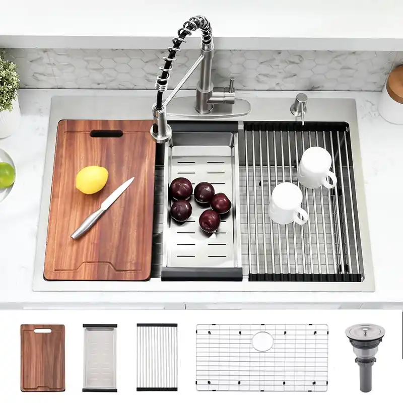 VOKIM 33 Inch Drop In Kitchen Sink Workstation - 33 x 22 Inch Drop In Sinks 16 Gage Stainless Steel Topmount Sinks Single Bowl 10‘‘ Deep Handmade Above the Counter sink with Cutting Board& Strainer
