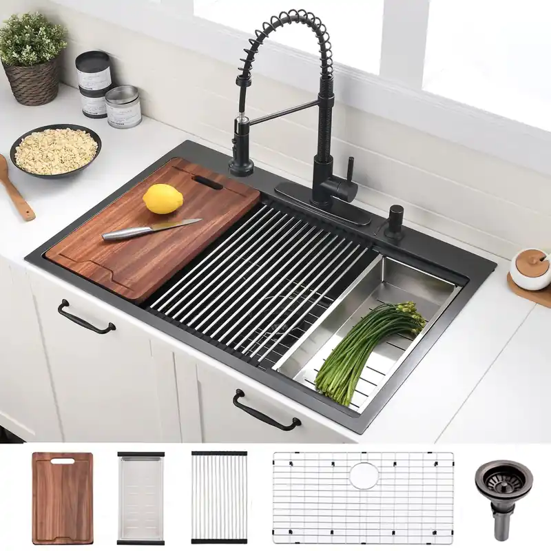 33 Inch Black Drop In Kitchen Sink Workstation - VOKIM 33x22-Inch Drop In Sink Stainless Steel Top Mount 16 Gauge Single Bowl 10‘‘ Deep Handmade Kitchen sink with Cutting Board& Strainer