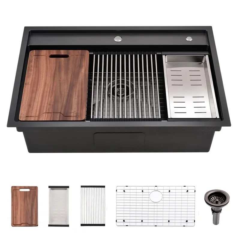 33 Inch Drop In Kitchen Sink Black - VOKIM33 x22 Inch To pmount sink Workstation Splash Guard Stainless Steel 16 Gauge 10‘‘ Deep Single Bowl Sink with Cutting Board & Strainer