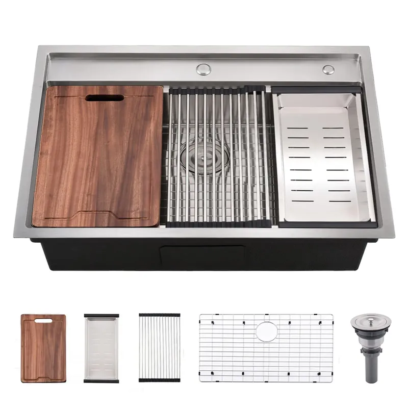 33 Inch Drop In Kitchen Sink - VOKIM 33X22 Inch Top Mount sink Workstation Stainless Steel Splash Guard 16 Gauge 10‘‘ Deep Single Bowl Handmade Topmount Sink with Cutting Board& Strainer