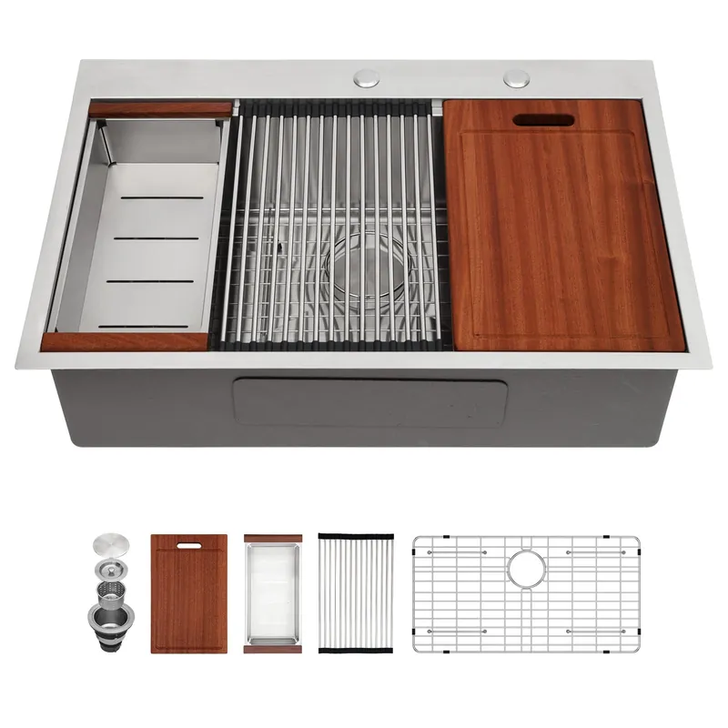 Sarlai Drop In Kitchen Sink - 33x22 Drop In Kitchen Sink Ledge Workstation 16 Gauge Stainless Steel Topmount Deep Single Bowl Over Counter Sinks Basin Round Corners