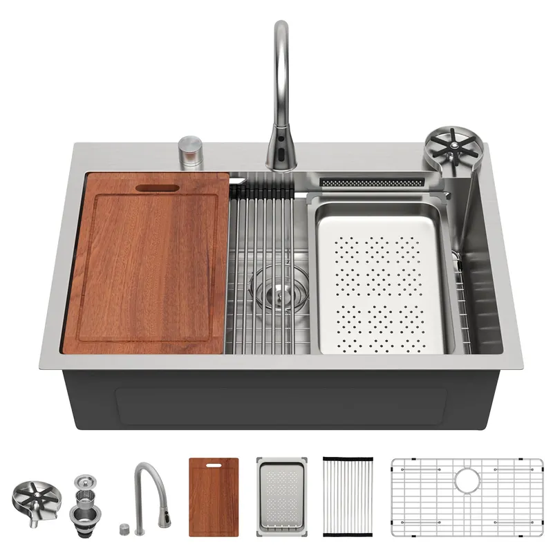 Sarlai 33 Inch Waterfall Kitchen Sink - 33x22 Inch Drop In Kitchen Sink Ledge Workstation Topmount Multifuctional Smart Stainless Steel 16 Guage Single Bowl Sinks Basin with Faucet