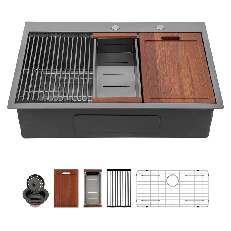 Sarlai 33 Black Kitchen Sink Drop In - 33" x 22" Kitchen Sink Drop In Workstation Topmount Gunmetal Black Stainless Steel 16 Gauge Single Bowl Over Counter Sinks Basin