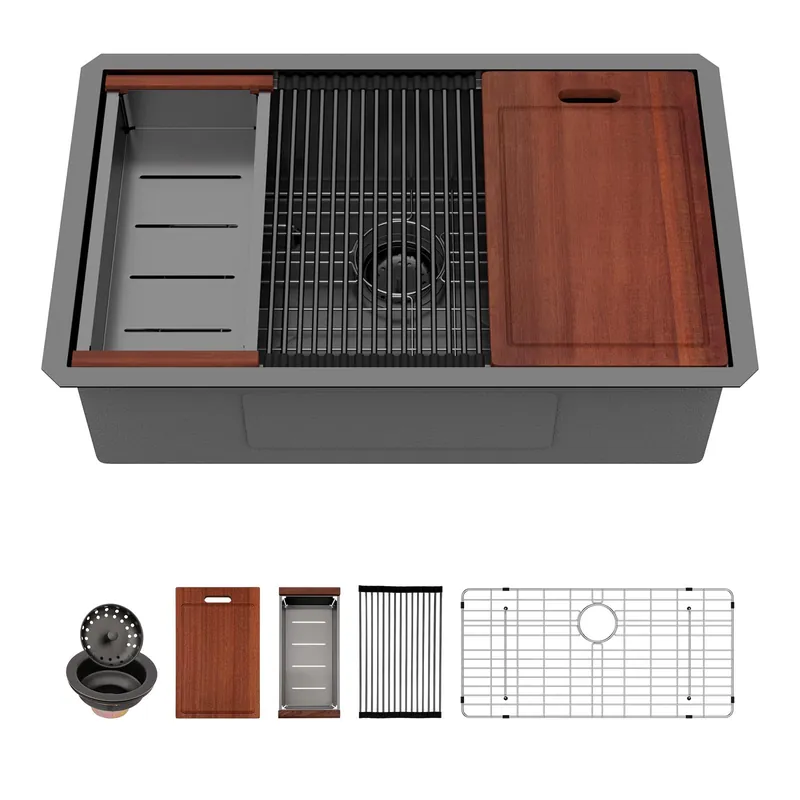 Sarlai 32 Undermount Sink Black Stainless - 32" x19" Kitchen Sink Ledge Workstation Gunmetal Black 16 Gauge Stainless Steel Deep Single Bowl Under Counter Rectangular Sinks Basin