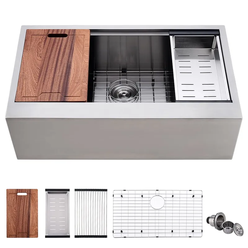 33 Inch Farmhouse Sink Workstation -VOKIM 33X22 inch Farm sink Stainless Steel 16 Gauge Ledge Workstation Flat Apron-front Single Bowl Farm Kitchen Sink