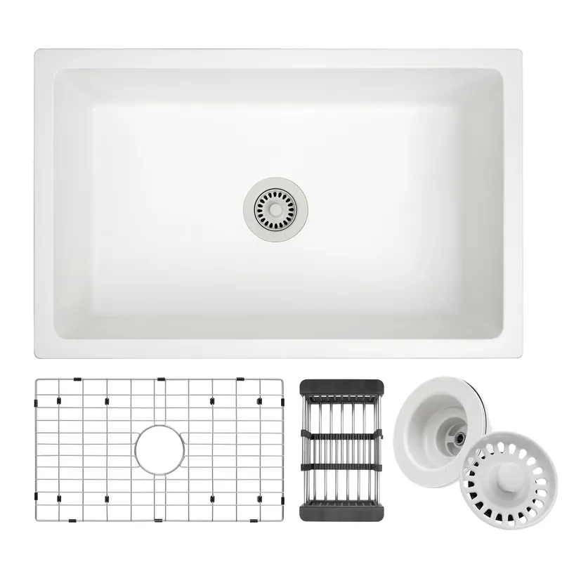 MONSINTA White Kitchen Sink, White Granite Composite Kitchen Sinks with Accessories, 30 Inch Undermount Quartz Stone Kitchen Sink, 30" x 19" x 9" Large and Deep Single Bowl Kitchen Sinks