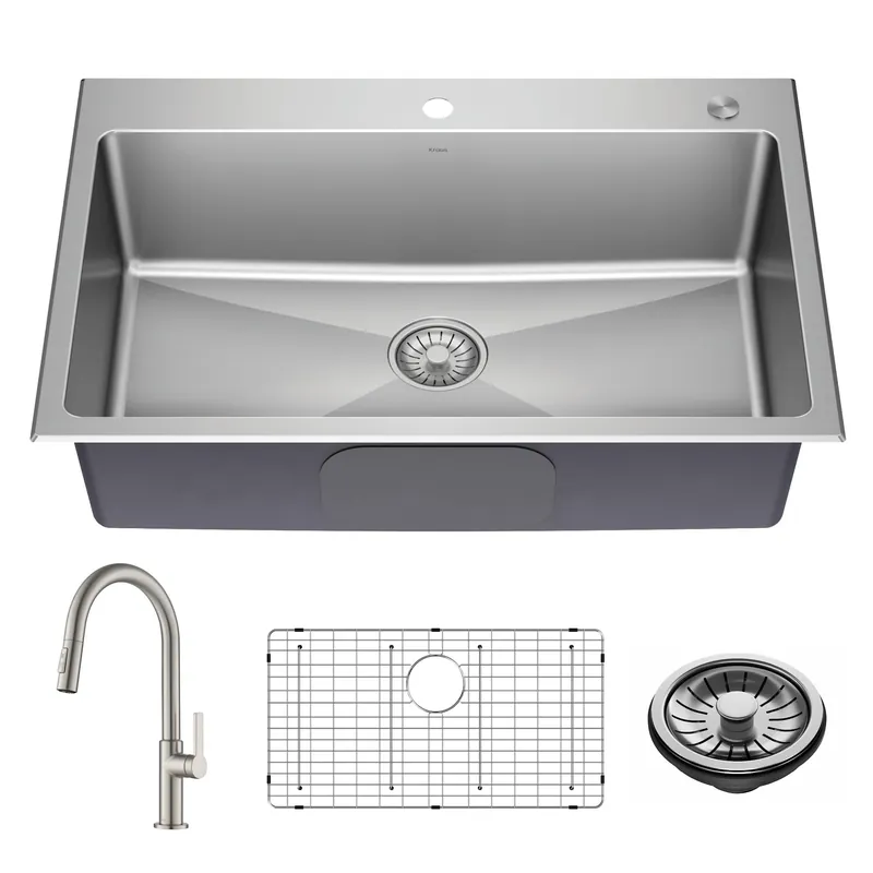 KRAUS Standart PRO 33” Drop-In/Undermount 18-Gauge Stainless Steel Single Bowl Kitchen Sink and Pull-Down Faucet in Spot-Free Stainless Steel Finish