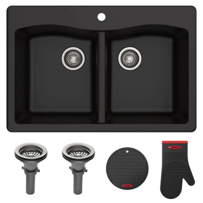 KRAUS Forteza 33-inch Drop in/Undermount 50/50 Double Bowl Granite Kitchen Sink in Black, KGD-52BLACK