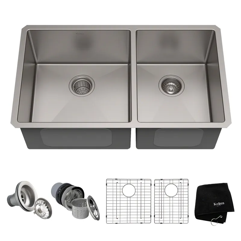 Kraus Kitchen Sinks Undermount - 33 Inch Stainless Steel Kitchen Sink, 60/40 Double Bowl, 16 Gauge, Model KHU103-33