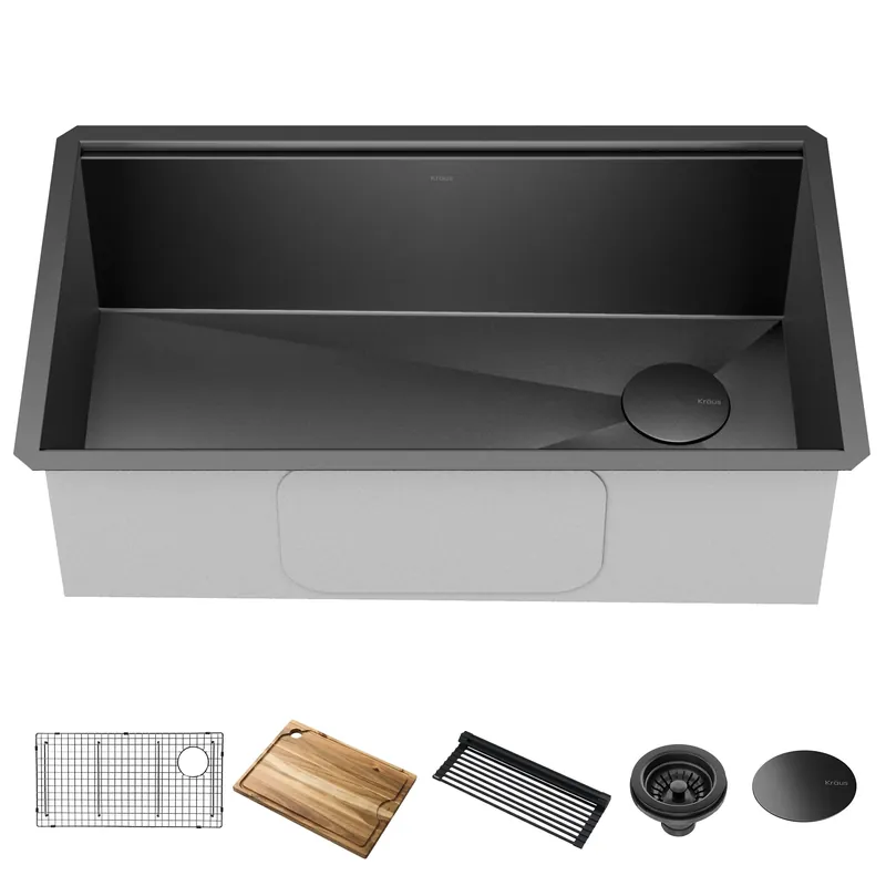 KRAUS Kore Workstation 32-inch Undermount 16 Gauge Black Stainless Steel Single Bowl Kitchen Sink in PVD Gunmetal Finish with Accessories, KWU110-32/PGM