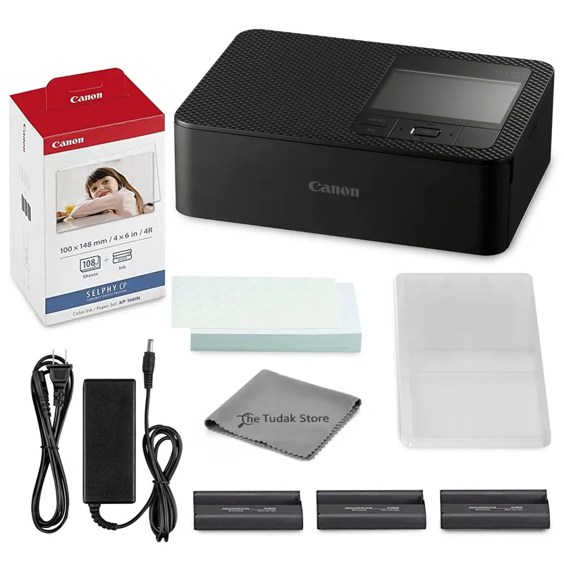 Canon Selphy CP1500 Photo Printer Bundle (Black) with KP-108 Paper (108 Sheets) 3 Color Ink Cartridges & Tudak Cleaning Cloth
