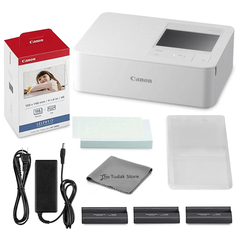 Canon Selphy CP1500 Photo Printer Bundle (White) with KP-108 Paper (108 Sheets) 3 Color Ink Cartridges & Tudak Cleaning Cloth – Wireless