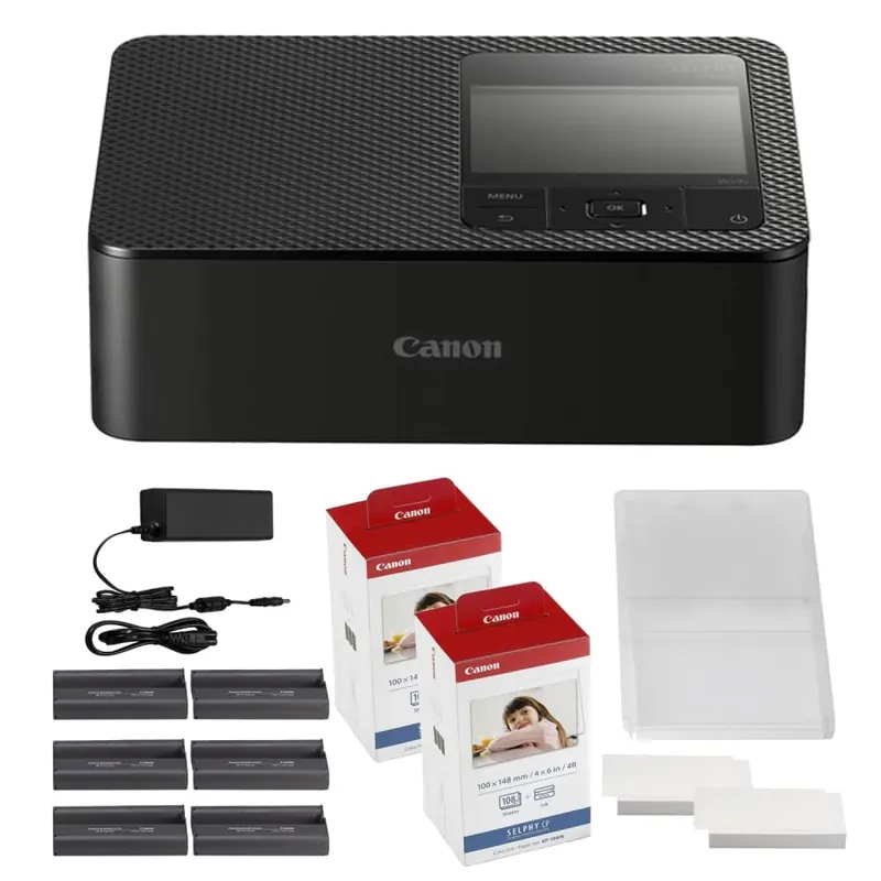 SELPHY CP1500 Compact Photo Printer Black with 2 x KP-108IN Color Ink and Paper Set (3 Items