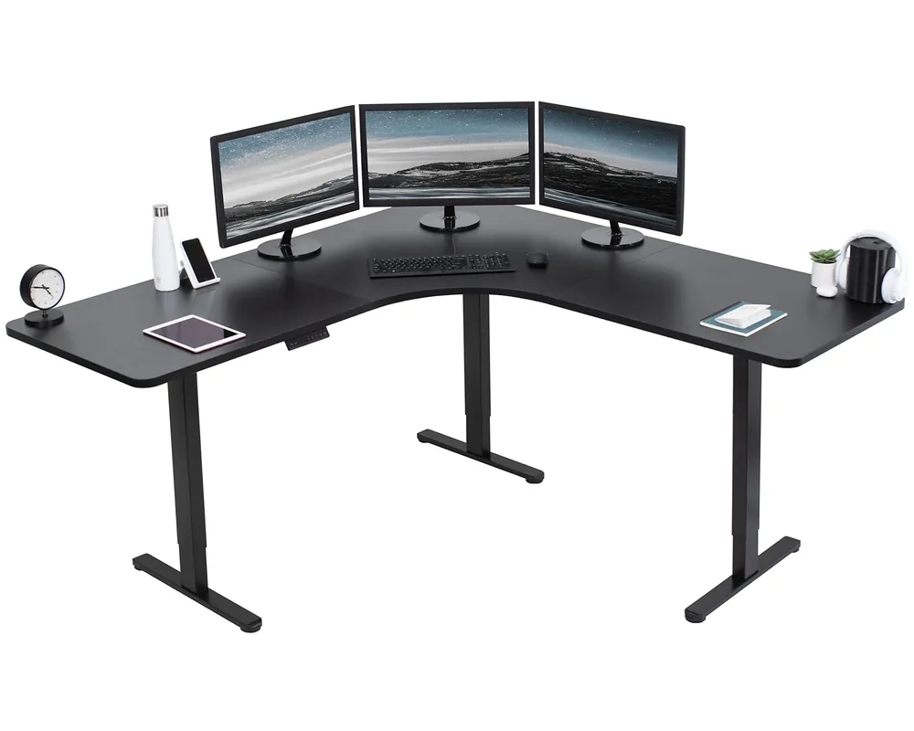 Height Adjustable 71 x 71 inch Curved Corner Stand Up Desk, Black Table Top, Black Frame, Memory Controller