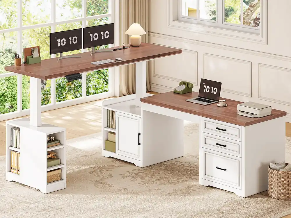Farmhouse L Shaped Electric Standing Desk, 63" x 67" Height Adjustable Home Office Executive Desk with Drawers