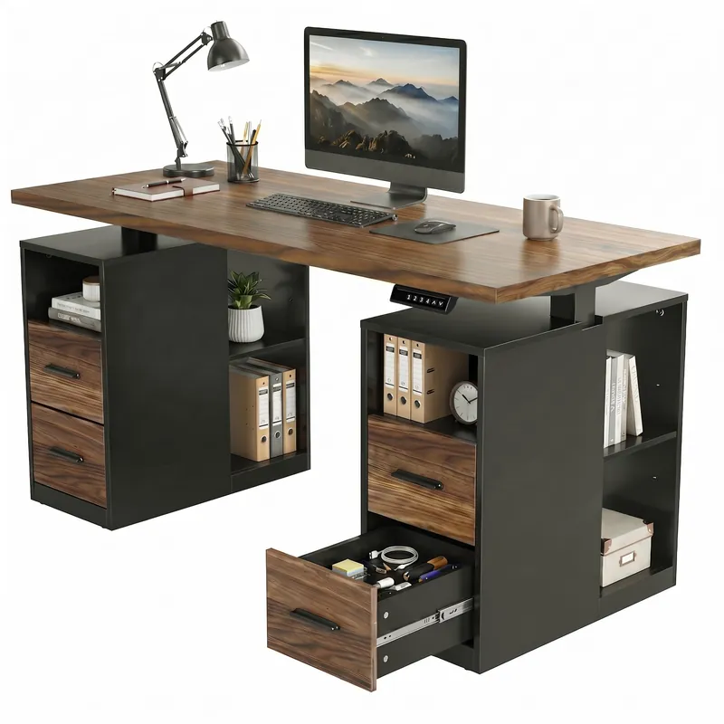 55" Standing Desk with Drawers, Executive Electric Height Adjustable Stand Up Desk with Storage